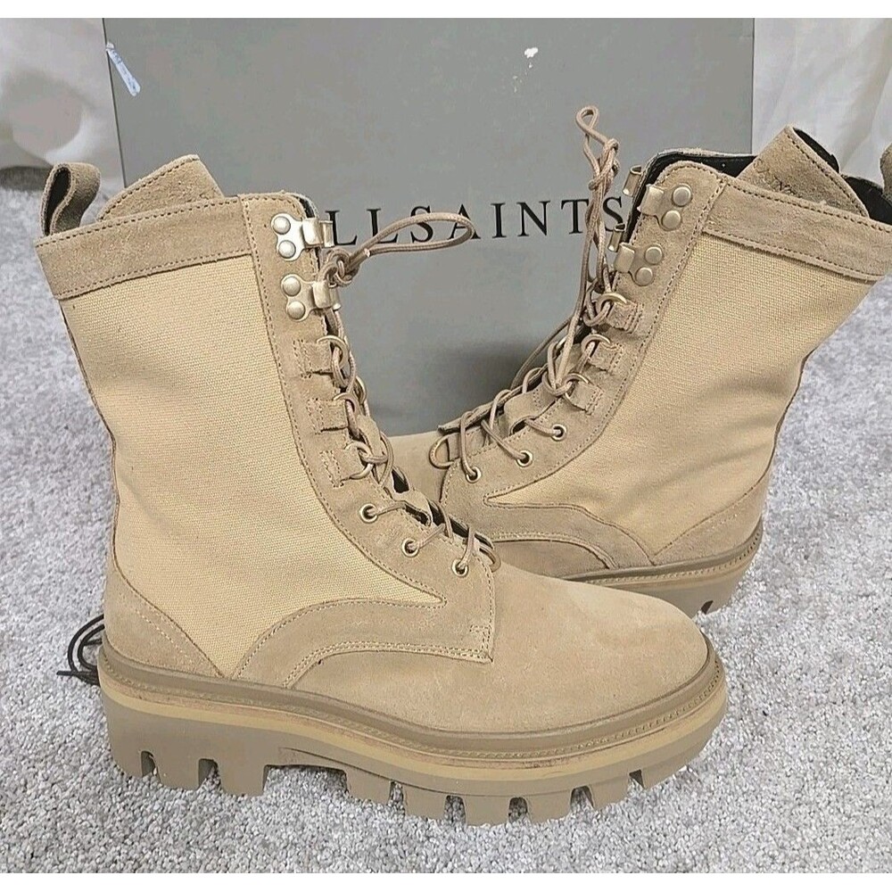 All Saints Beth Canvas Suede Leather Lace/Zip Up Combat Boots Sand Women's Sz 40 - Picture 2 of 9